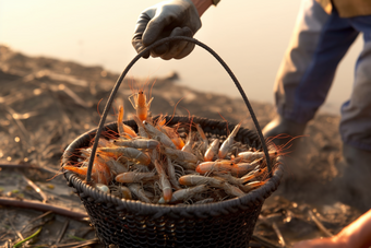生鲜河鲜虾养殖户场景摄影图