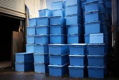 用于渔业运输储存的蓝色大塑料箱摄影图