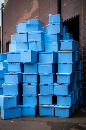 用于<strong>渔业</strong>运输储存水产品的蓝色大塑料箱摄影图