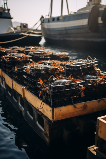 大型捕蟹船装配运输摄影图