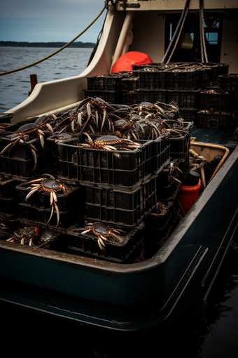 大型捕蟹船储存摄影图