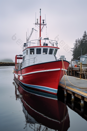 港口小型拖网加工渔船停泊摄影图