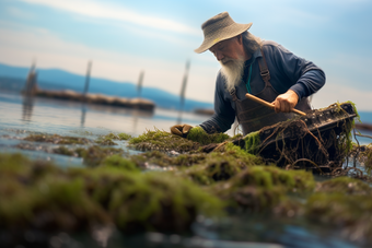 海藻类养殖海鲜餐饮生鲜河鲜紫菜浅海滩涂养殖摄影图