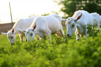 在草地上吃草的养殖奶山羊摄影图
