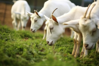 在草地上吃草的现代化养殖奶山羊摄影图