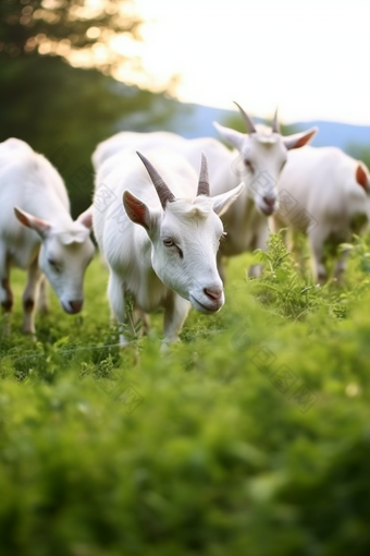 在草地上吃草的农业养殖奶山羊摄影图