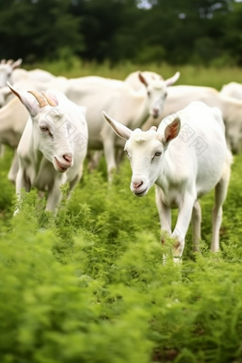 在草地上吃草的优质奶山羊摄影图