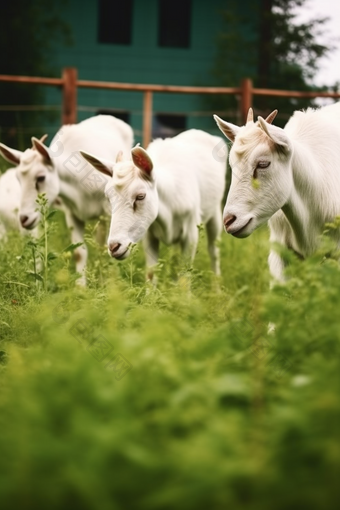 在草地上吃草的乡村养殖奶山羊摄影图