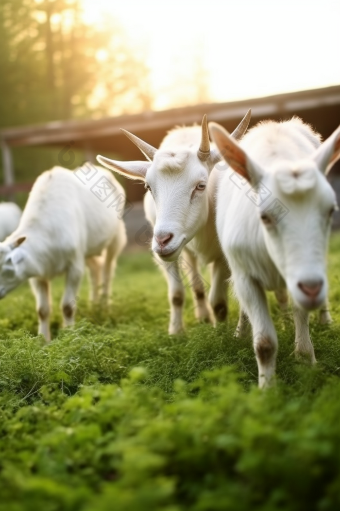 在草地上吃草的高质量奶山羊摄影图
