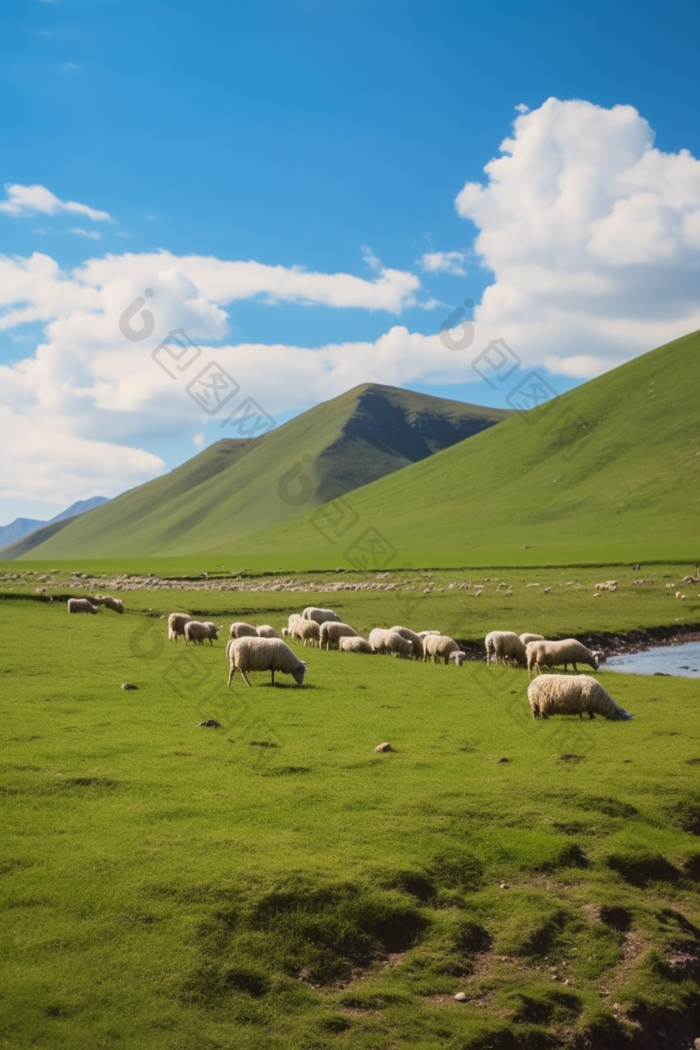 坐落在湖边的天然优质草原牧场摄影图