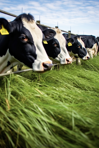 在养殖基地吃草的奶牛摄影图