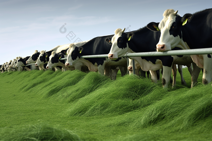 在养殖基地吃草的养殖奶牛摄影图