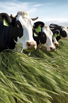 在养殖基地吃草的优质奶牛摄影图