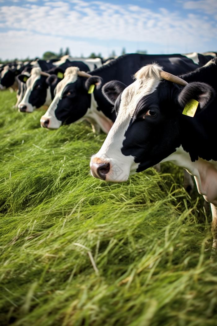 在现代化养殖基地吃草的优质奶牛摄影图