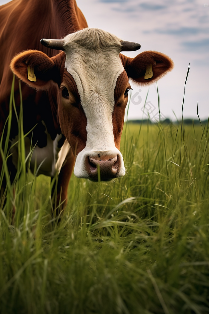 吃牧草的优质奶牛摄影图