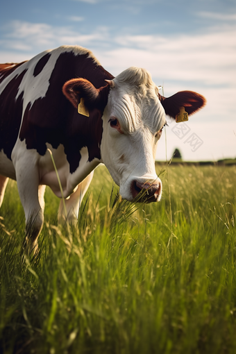 吃牧草的培育奶牛摄影图