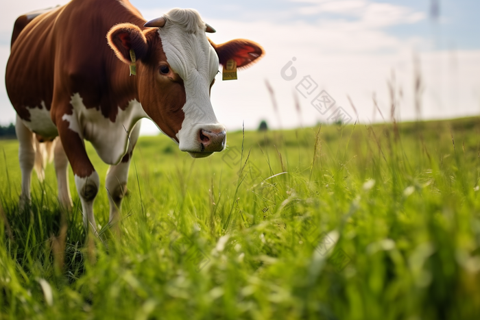 吃牧草的优质培育奶牛摄影图