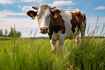 <strong>吃</strong>牧草的现代化养殖奶牛摄影图