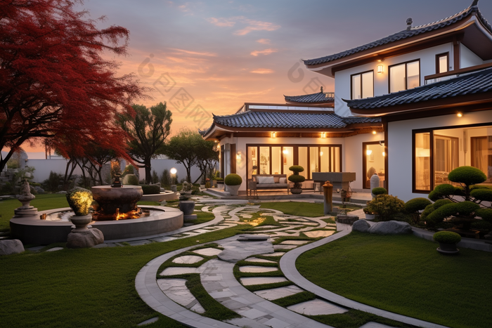 中式风格独栋别墅花园摄影图