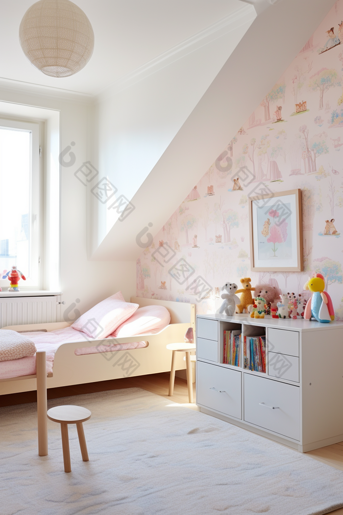 粉色元素女孩儿童房间摄影图