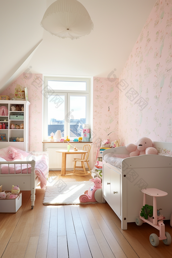 女孩儿童房间粉色摄影图