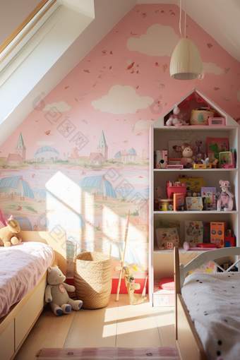 粉色女孩儿童房间摄影图
