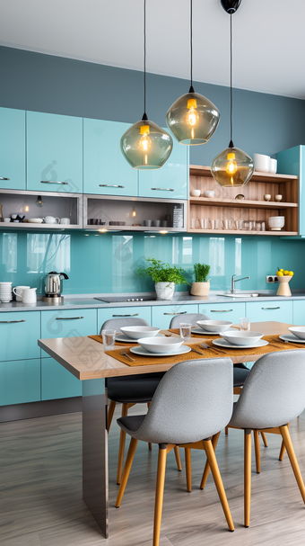 室内设计小户型蓝色厨房摄影图