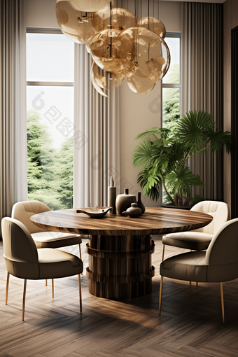 现代家具木质餐桌原木风摄影图