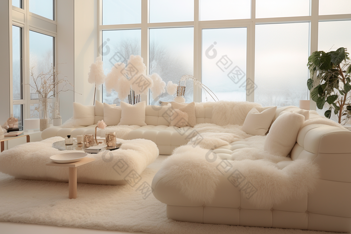 软装毛茸茸家具的客厅摄影图