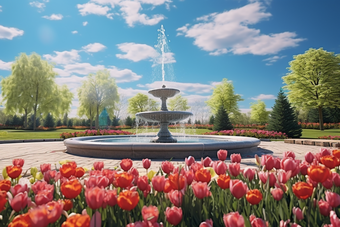 公园美丽的喷泉蓝天摄影图