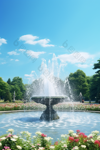 蓝天白云公园喷泉摄影图