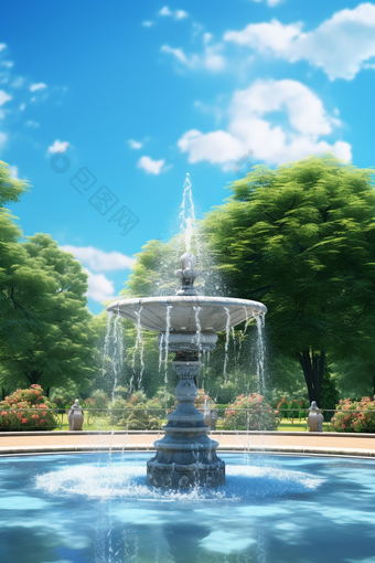 美丽公园喷泉蓝天白云摄影图