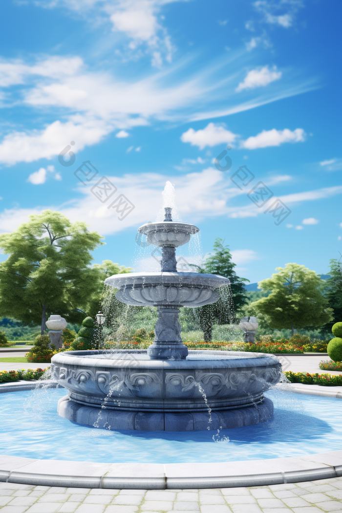 公园美丽喷泉蓝天白云摄影图