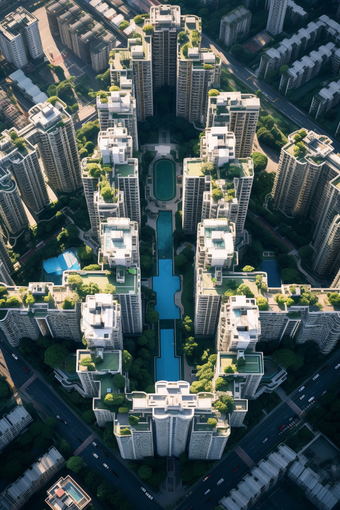 鸟瞰高层住宅楼居住环境摄影图