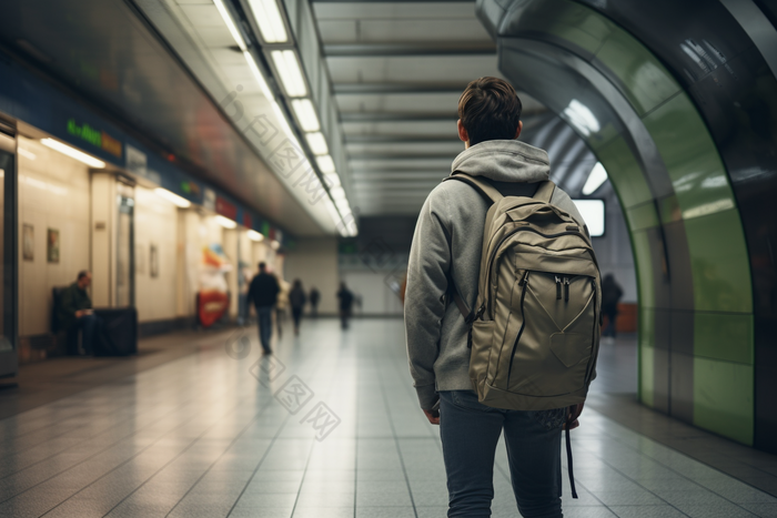 地铁站背包的男人出行摄影图
