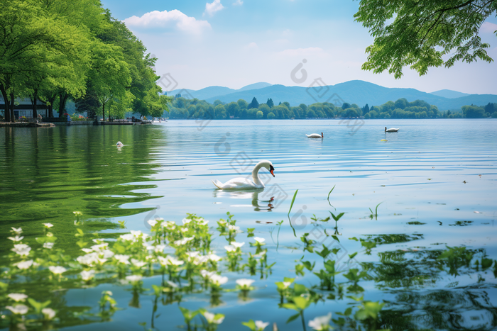 美景翠绿的人工湖摄影图