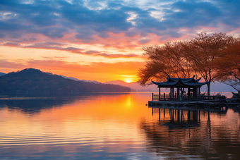 唯美的日落人工湖泊摄影图