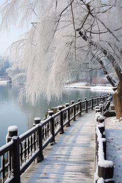 冬季拱桥的湖泊摄影图