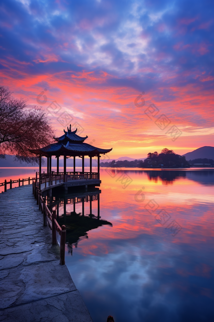 日落美丽湖泊公园摄影图