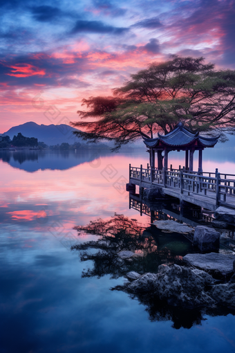 日出美丽湖泊自然风景摄影图