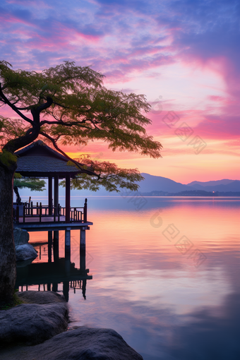 日出美丽湖泊人工湖摄影图