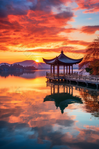 日出美丽人工湖湖泊摄影图