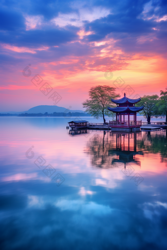 日落美丽的湖泊公园摄影图