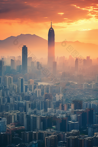 日落橙黄色的城市摩天大楼摄影图