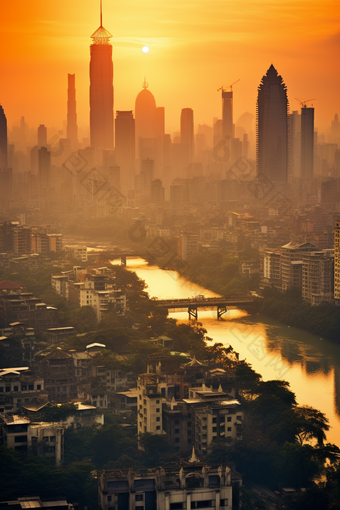日落橙黄色的城市摄影图