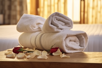 一堆毛巾布草居家洗护用品酒店旅店商务住宿洗手间摄影图