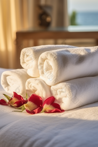 一堆毛巾布草布料居家洗护用品酒店宾馆旅店住宿洗手间