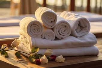 一堆毛巾布草布料居家洗护用品酒店宾馆摄影图