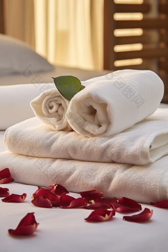 一堆毛巾布草布料居家洗护用品酒店宾馆旅店