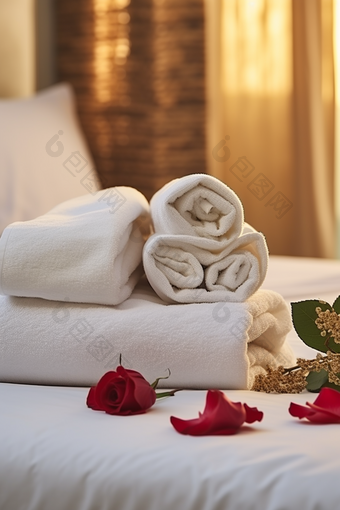 一堆毛巾布草布料居家洗护旅店商务住宿洗手间摄影图